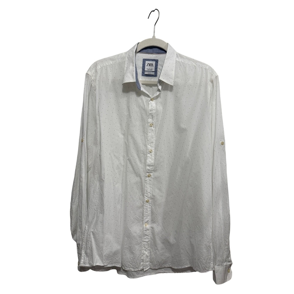 ZARA Men Slim Fit White Dotted Long Sleeve Button Up Shirt Size L